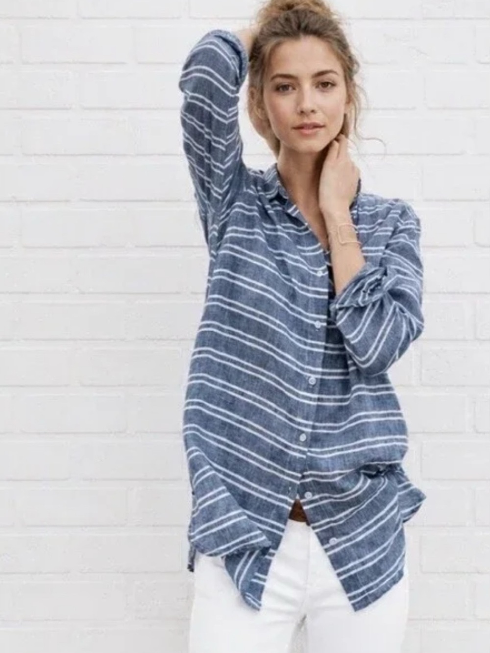 Women’s Garnet Hill Linen Long Sleeve Tunic Blue & White Stripe Size S